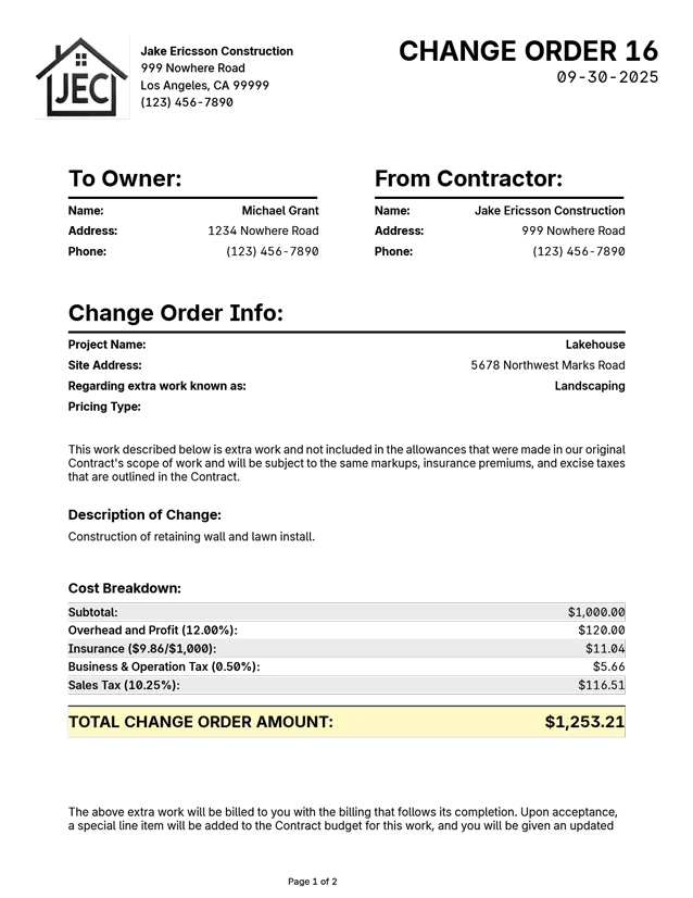 Professional change order document
