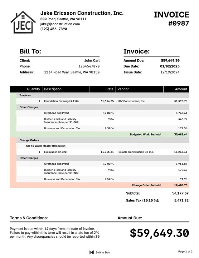 Invoice separating budgeted work from change orders