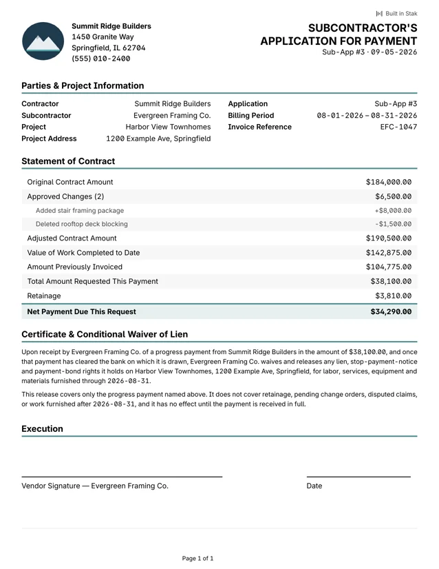 A Stak subcontractor application for payment with the statement of contract, retainage, net payment due and a conditional waiver of lien ready for the vendor’s signature